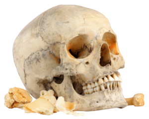 Detailed human skull with visible teeth and bone fragments is displayed against transparency background, showcasing intricate structure and texture of bones. image evokes sense of curiosity