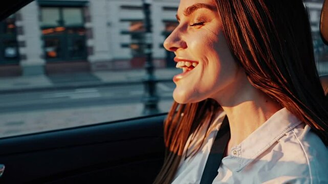 Young Woman Driver Singing with One Hand on Steering Wheel  

