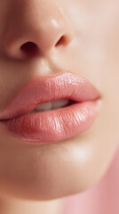 Obraz premium close-up of glossy pink lips exudes softness and sensuality, showcasing smooth skin and a subtle, alluring beauty in a pastel-toned setting