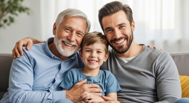 A portrait of a happy family of three smiling warmly together at home on the sofa. - Powered by Adobe
