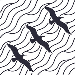 Seamless Fluid Line Art with bird Pattern Black and White Vector Background,  Contour topographic map background
