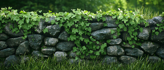 Dark Gray Stone Wall Overgrown With Lush Green Ivy