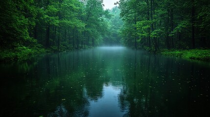 Obraz premium Misty forest river after rain. Lush green trees line a still, dark water
