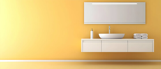 Modern Empty Bathroom With White Vanity And Yellow Wall