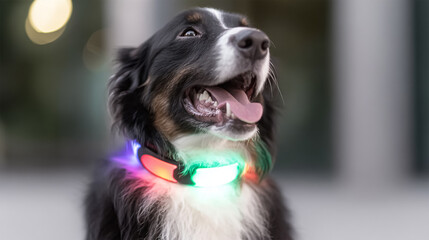 Dog relaxing in the snow outside in the dark night with glowing green collar.