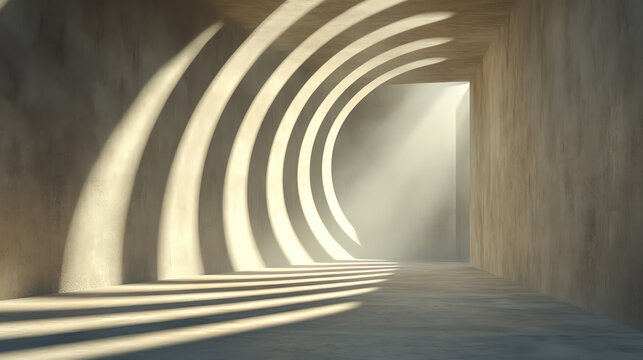 A unique perspective of an architectural space illuminated by soft light and shadows creating a serene atmosphere.
