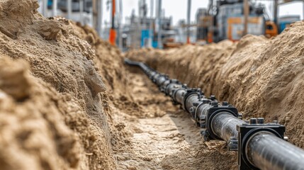 Underground plumbing installation with black pipes and fittings in a trench at a construction site