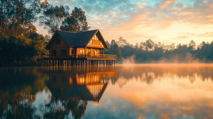 Fototapeta premium A cozy cottage surrounded by fruit trees, peaceful and dreamy setting
