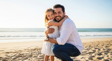 Fototapeta premium A smiling father and daughter hug tightly while enjoying a sunny day on the beach.