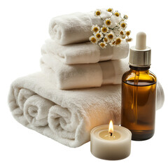 Towels, scented candles, and essential oils for spa treatments, isolated on a transparent background, PNG file.