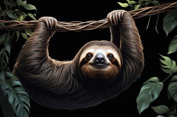 Naklejka premium Sloth hanging from a branch in a lush environment, showcasing its unique features and relaxed demeanor in a natural setting