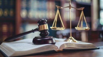 Symbolic legal presentation of justice with scales and gavel on open book