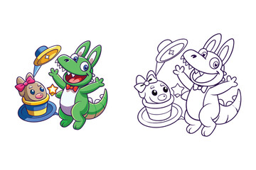 Obraz premium A cute cartoon crocodile magician performs a magic trick with a rabbit in a hat, shown in color and black and white versions.