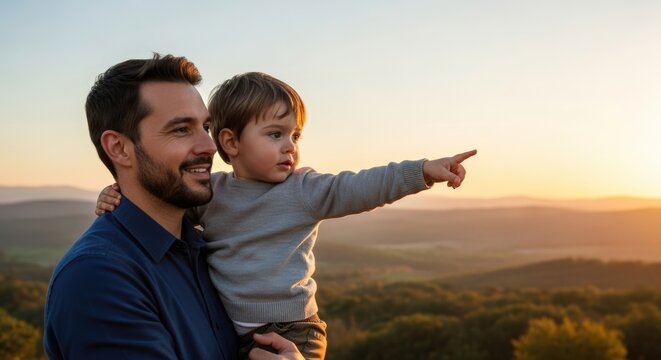 A father holds his son, pointing at the sunset with a shared moment of wonder and joy.