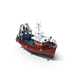 Obraz premium Red Commercial Fishing Trawler Side View Isolated on Transparent Background