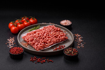 Raw ground beef or pork as an ingredient for burgers. Raw minced meat