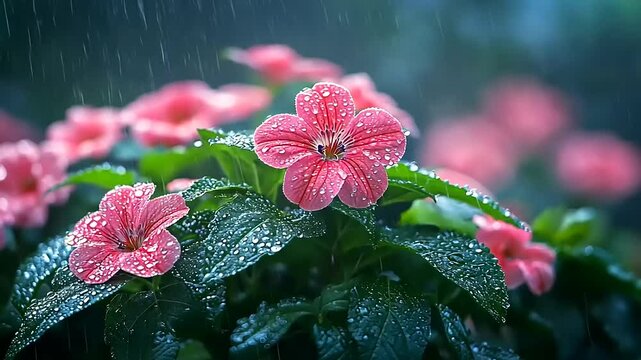 Gentle rain falling on vibrant pink flowers in a lush green garden setting