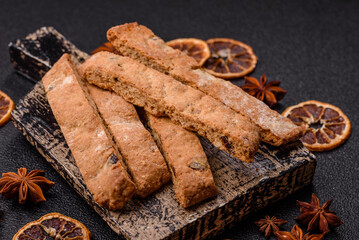 Biscotti or cantuccini biscuits, a crispy sweet Italian pastry. Biscotti dessert