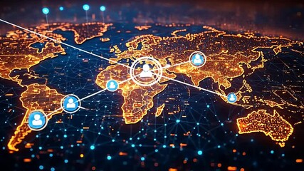 Global connectivity network with user icons and digital world map visualization - Powered by Adobe