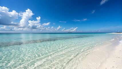 Tropical Beach Scene with Clear Turquoise Water and White Sand under a Bright Sunny Sky