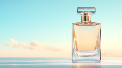 Elegant perfume bottle with a beautiful design, set against a serene backdrop of blue sky and soft clouds.