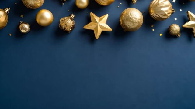 Elegant golden ornaments and stars border a navy backdrop, providing a festive holiday season background with ample copy space.
