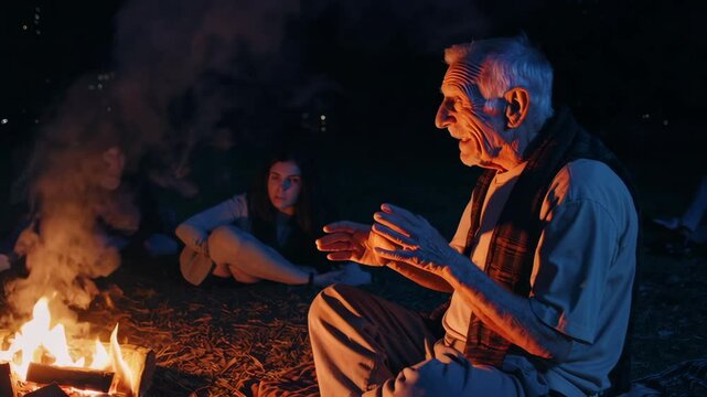 Elderly man telling stories around campfire at night