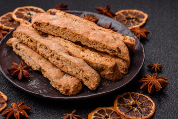 Biscotti or cantuccini biscuits, a crispy sweet Italian pastry. Biscotti dessert