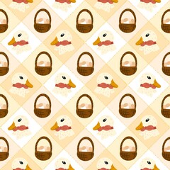 Seamless pattern with cute ducks in red bows and egg baskets on patchwork pastel squares. Ideal for baby fabrics, farm themes, and Easter designs.