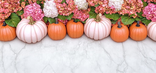 Elegant pastel pumpkins arranged beneath lush pink and white hydrangeas create a charming fall floral scene. Perfect as a romantic autumn background for seasonal events, decor, or invitations.