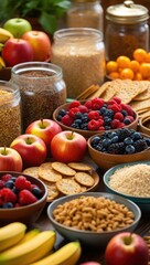 Healthy breakfast ingredients variety bowl table