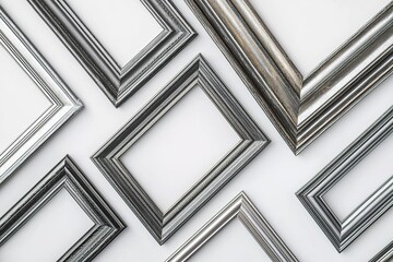 Top view image of multiple metallic picture frames arranged on clean white background. Ideal for design mockups, gallery displays and modern interior concepts