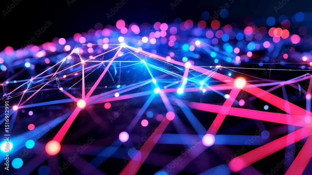 Poster dynamic network of interconnected nodes with glowing red and blue lines, representing connections, a