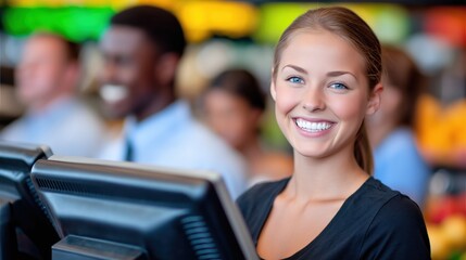Friendly Cashier Serving Customers with Smile