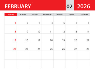 Calendar 2026 template vector - february 2026 template, planner monthly design, Desk calendar 2026, Wall calendar design, Minimal style, advertisement, poster, printing media, red horizontal layout 