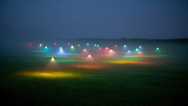 Surreal night field fantasy lightscape foggy background