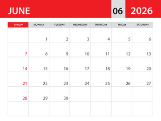 Calendar 2026 template vector - june 2026 template, planner monthly design, Desk calendar 2026, Wall calendar design, Minimal style, advertisement, poster, printing media, red horizontal layout 