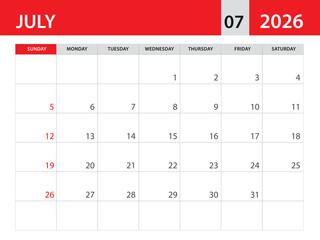 Calendar 2026 template vector - july 2026 template, planner monthly design, Desk calendar 2026, Wall calendar design, Minimal style, advertisement, poster, printing media, red horizontal layout 