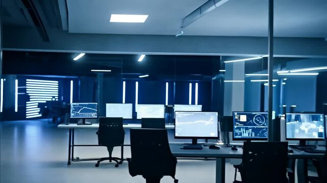 Futuristic cyber security office interior with rows of computers displaying maps, charts, and data for network threat detection in a blue-toned office.