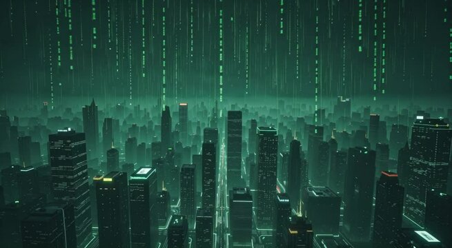 Futuristic cityscape green digital rain streaming data