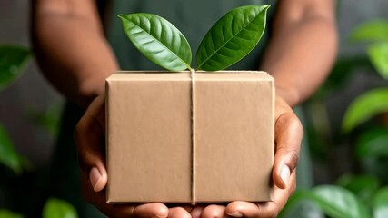 Close up of dark skin person holding a recycled brown cardboard box adorned with leaves in lush greenery background - Powered by Adobe