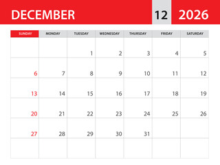 Calendar 2026 template vector - december 2026 template, planner monthly design, Desk calendar 2026, Wall calendar design, Minimal style, advertisement, poster, printing media, red horizontal layout 