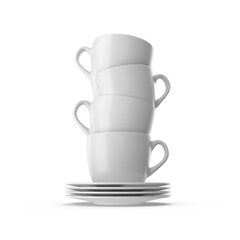 Stack of White Coffee Cups and Plates Isolated on Transparent Background