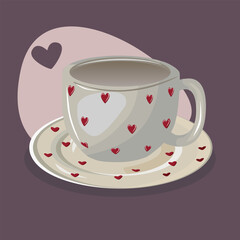 Cup and saucer decorated with red hearts on a purple background, symbolizing love and warmth. Perfect for romantic, cozy, and Valentine’s Day themes.