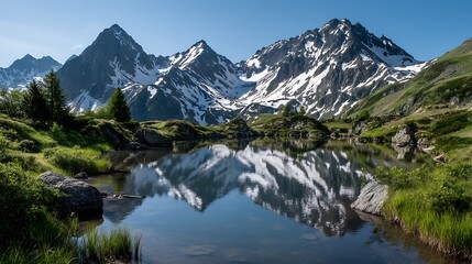 Alpine lake with a perfect reflection of snow-capped peaks, surrounded by lush green meadows and pristine clear water, embodying a serene mountain landscape.