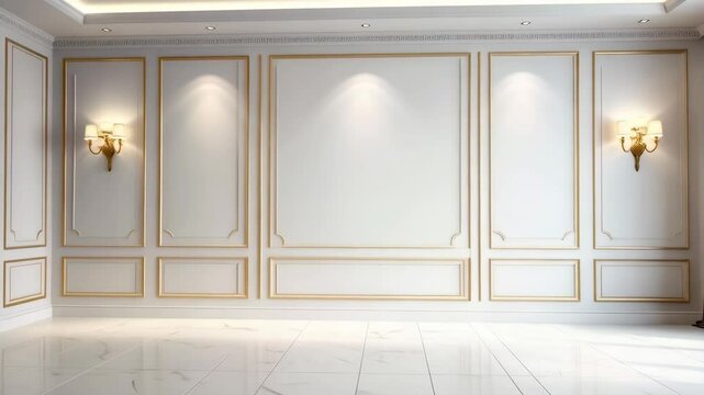 Elegant empty room featuring white walls with gold trim, ornate sconces, and polished marble floor, creating a luxurious interior space