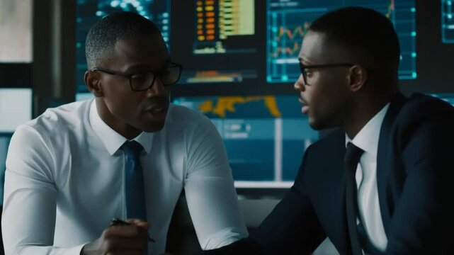 Diverse financial analysts discuss stock market trends at office workstation setup