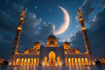 Muharram Islamic New Year Celebration with Crescent Moon and Lanterns

