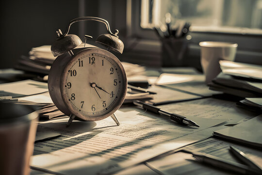 Vintage alarm clock on a cluttered desk, symbolizing deadlines and hard work.
