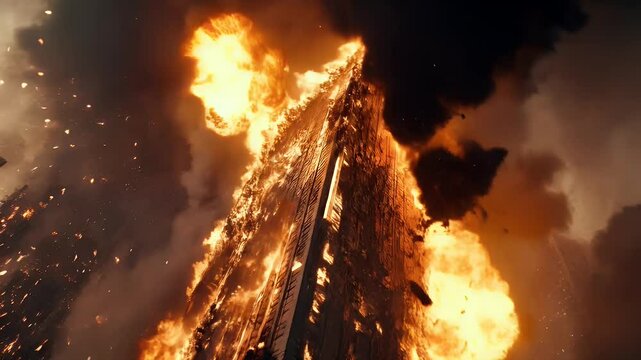 Highrise Building engulfed in Fiery Inferno at Night